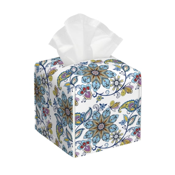 Lsque Flowers and Butterflies Printed Tissue Box Cover Holder, Facial Paper Organizer Dispenser,Square with Bottom Belt, PVC Leather Decorative Organizer