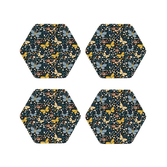 Lsque Flowers Butterfly Pattern 4" Drink Coasters Set of 4, PVC Leather Absorbent Coasters, Table Coaster Set Decorative Coffee Cup Coasters Housewarming Gift -Hexagon