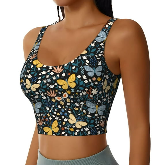 Lsque Flowers Butterfly Printed Women'S Sports Bra, Compression, Moisture Wicking, High-Impact Sports Bra For Women,Supportive sports bra-Medium