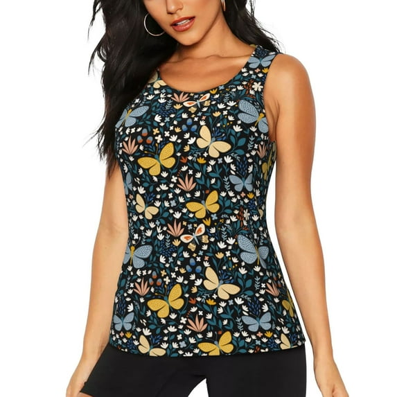 Lsque Flowers Butterfly Printed Workout Tank Tops for Women, Athletic Sports Tank Tops, Compression Sleeveless Dry Fit Shirts,Sleeveless Yoga Shirt-Large