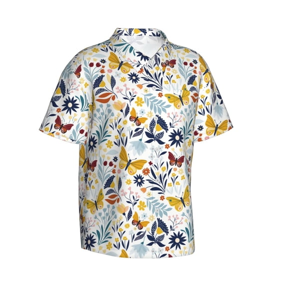 Lsque Flowers Butterfly pattern Hawaiian Shirt for Men, Unisex Summer Beach Casual Short Sleeve Button Down Shirts-3X-Large