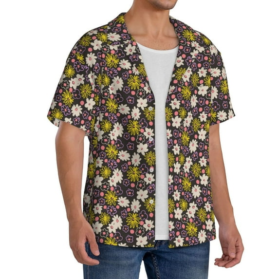 Lsque Flowers Daisy print Men's Cuban Collar Short Sleeve Shirt Summer Beachwear Casual Button Down Fashionable Vacation Leisure Shirt-X-Large