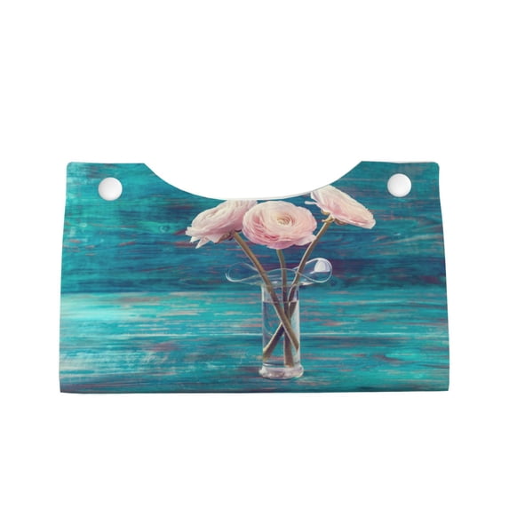 Lsque Flowers in Glass Vase Printed Long Tissue Box Cover Holder, Facial Paper Organizer Dispenser,Triangle with Bottom Belt, PVC Leather Decorative Organizer