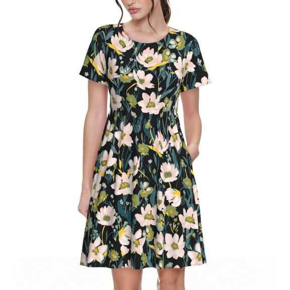 Lsque Flowers Print Women's Casual Dress T-Shirt Summer Short Sleeve Scoop Neck Swing Dresses