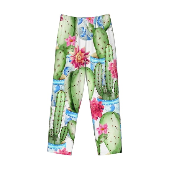 Lsque Flowers and Cactus Print Men's Pajama Pants, Lounge Pant - Comfortable Home Wear,Elastic Waistband, Stylish Design-X-Large