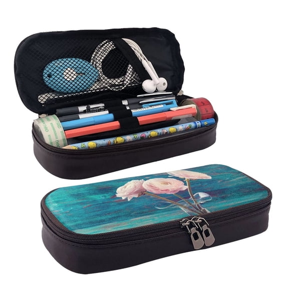 Lsque Flowers in Glass Vase Printed Big Capacity PU Leather Pencil Case Large Pencil Pouch Stationery Pen Bag Pencil Holder for Teen