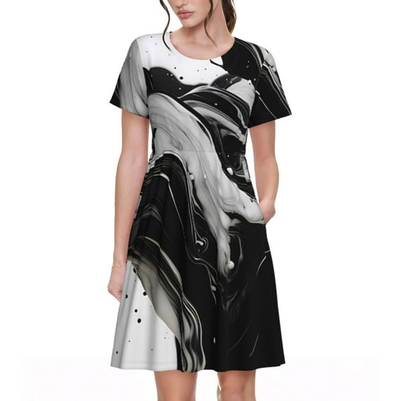 Lsque Fluid Black White Paint Swirls Print Women's Casual Dress T-Shirt Summer Short Sleeve Scoop Neck Swing Dresses