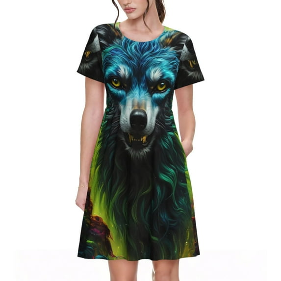 Lsque Fluorescent Wolf Print Women's Casual Dress T-Shirt Summer Short Sleeve Scoop Neck Swing Dresses