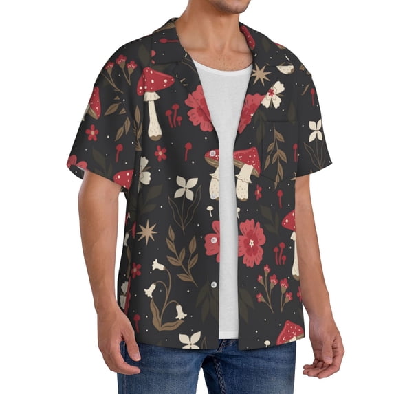 Lsque Fly Agaric and Flowers print Men's Cuban Collar Short Sleeve Shirt Summer Beachwear Casual Button Down Fashionable Vacation Leisure Shirt-XX-Large