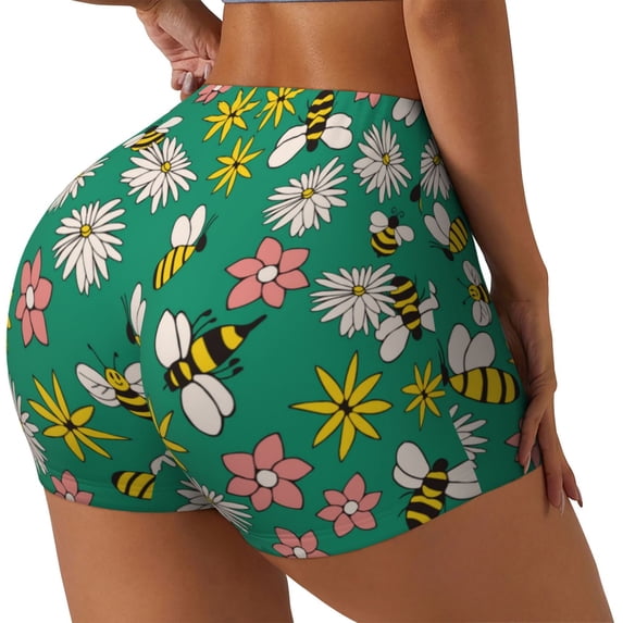 Lsque Flying Bees Pattern High Waisted Biker Shorts for Women-Tummy Control Fitness Athletic Workout Running Yoga Gym Shorts,Moisture-Wicking-X-Large