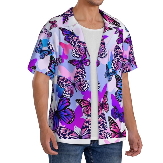 Lsque Flying Butterflies print Men's Cuban Collar Short Sleeve Shirt Summer Beachwear Casual Button Down Fashionable Vacation Leisure Shirt-X-Large