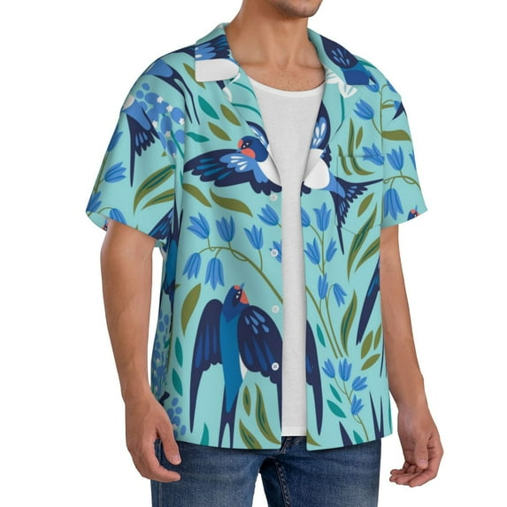Lsque Flying Swallows print Men's Cuban Collar Short Sleeve Shirt Summer Beachwear Casual Button Down Fashionable Vacation Leisure Shirt-Small