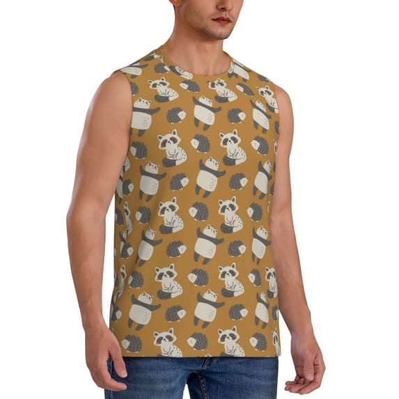Lsque Forest Animal Print Men's Cotton Blend Sleeveless Muscle Shirts (S-3XL)- Moisture Wicking, Odor Protection, UPF 30+,Small
