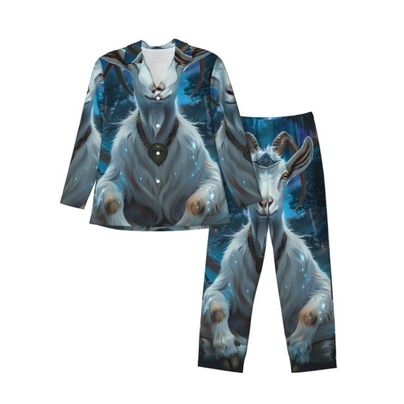 Lsque Forest Meditating Goat Pattern Long Sleeve Pajama Set for Men - Soft 2-Piece Sleepwear and Loungewear Set with Pockets, Comfy Nightwear-Medium