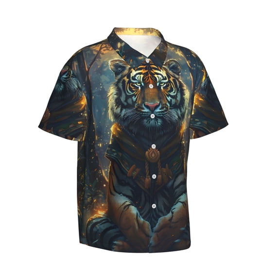 Lsque Forest Meditating Tiger pattern Hawaiian Shirt for Men, Unisex Summer Beach Casual Short Sleeve Button Down Shirts-Large