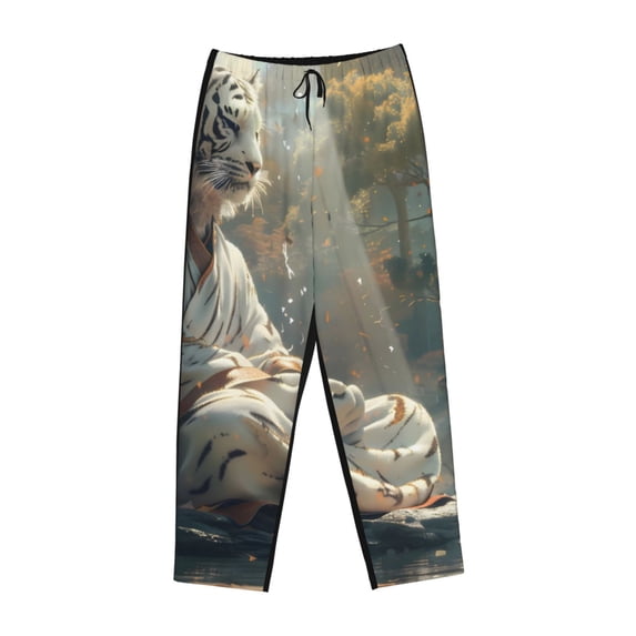 Lsque Forest Meditating White Tiger Print Women's Pajama Pants, Lounge Pant - Comfortable Home Wear,Elastic Waistband, Stylish Design-Medium