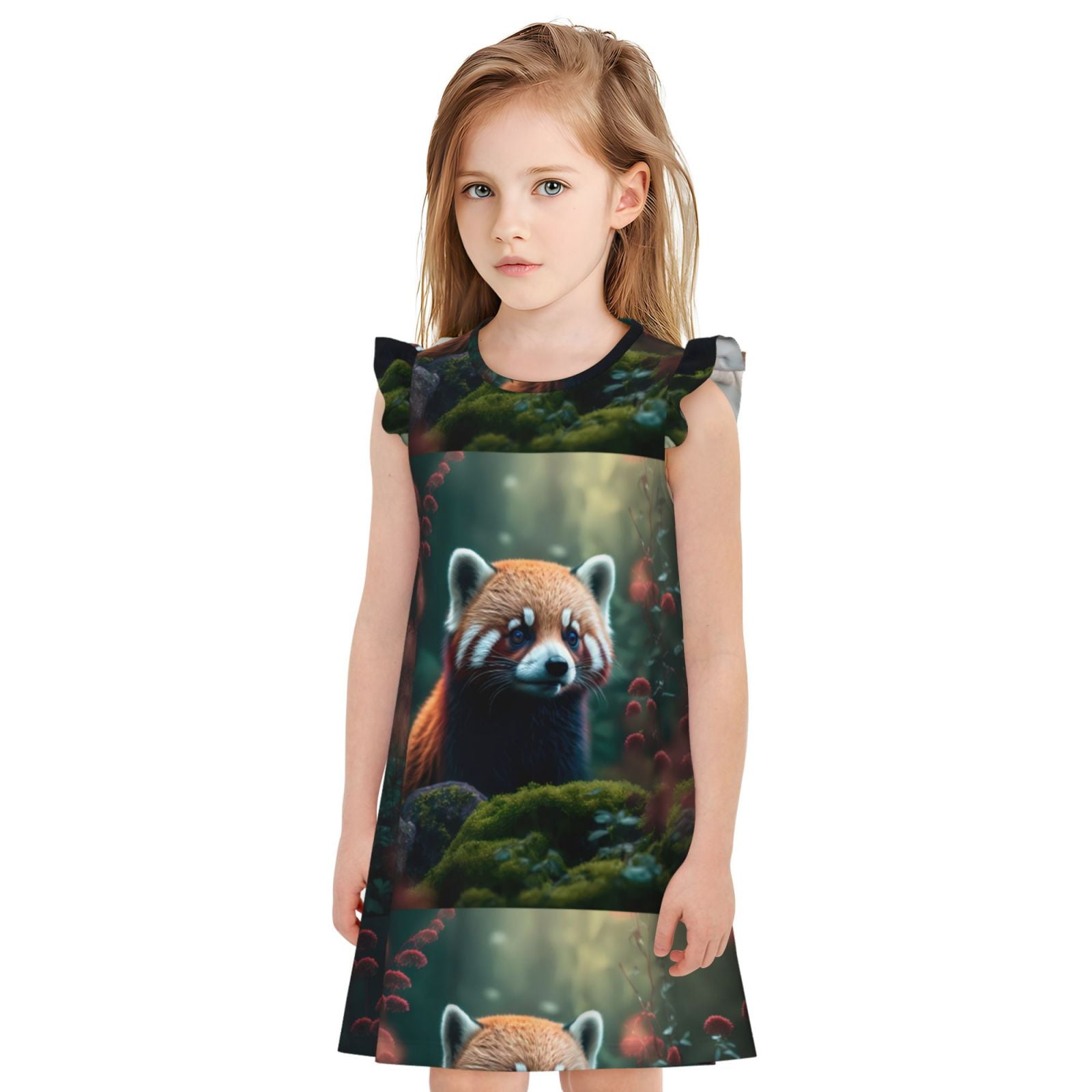 Lsque Forest Plant Raccoon Printed Girls' Nightgown, Soft & Cute
