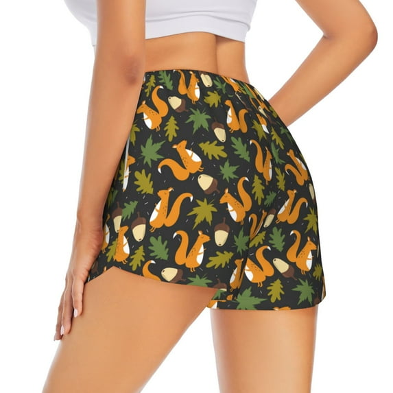 Lsque Forest Squirrel Printed Women's Running Shorts with Liner Pockets,Elastic Quick Dry Workout Athletic Gym Yoga Shorts,Womens High Waist Shorts-X-Large