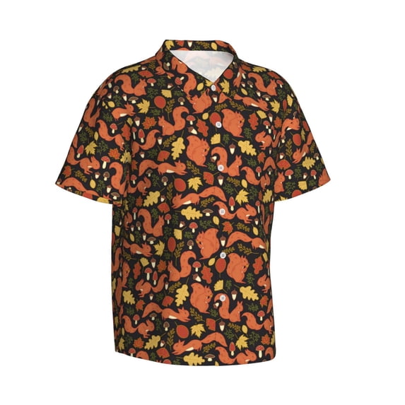 Lsque Forest Squirrel pattern Hawaiian Shirt for Men, Unisex Summer Beach Casual Short Sleeve Button Down Shirts-Small