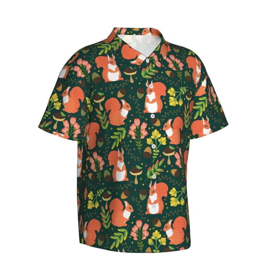 Lsque Forest Squirrel pattern Hawaiian Shirt for Men, Unisex Summer Beach Casual Short Sleeve Button Down Shirts-XX-Large