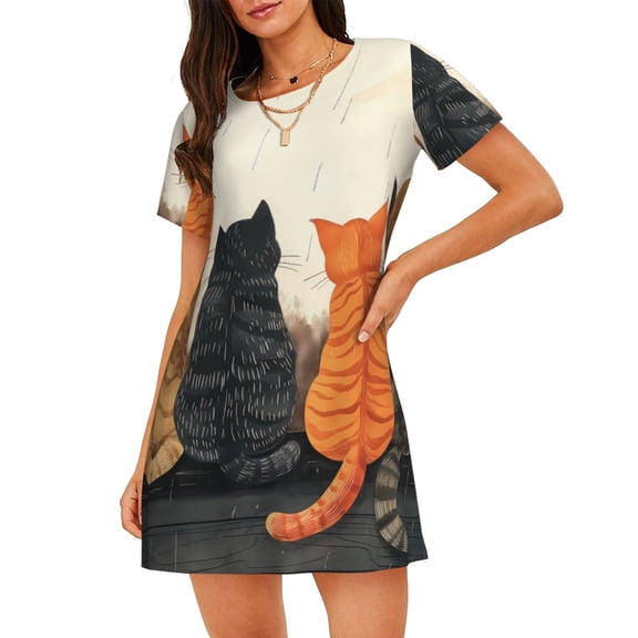 Lsque Four Cats Watching Rain Pattern Nightgowns for Women Sleep Shirts Short Sleeve Nightshirt Pullover Nightdress Soft Sleepwear Relaxed Fit Nightdress