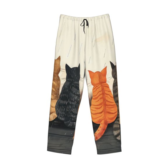 Lsque Four Cats Watching Rain Print Men's Pajama Pants, Lounge Pant - Comfortable Home Wear,Elastic Waistband, Stylish Design-Small