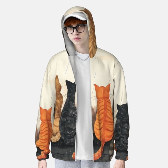 Lsque Four Cats Watching Rain UPF 50+ Lightweight Sun Protection Men's Women's Long Sleeve Shirt, Hoodie Performance -X-Large