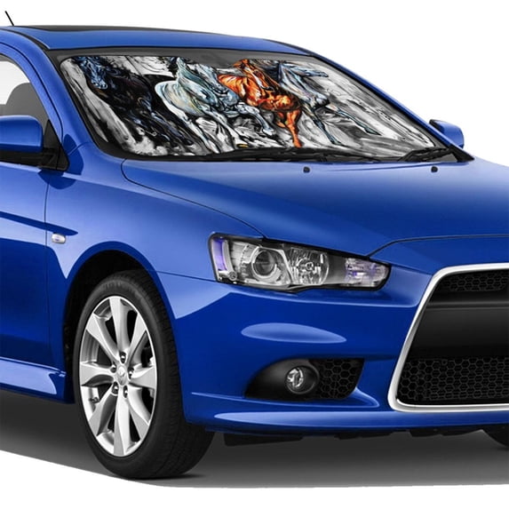 Lsque Four Running Horses Car Windshield Sun Shade | Accordion Folding Style Auto Shade for Car Truck SUV Van | Blocks UV Rays Sun Visor Protector | Small