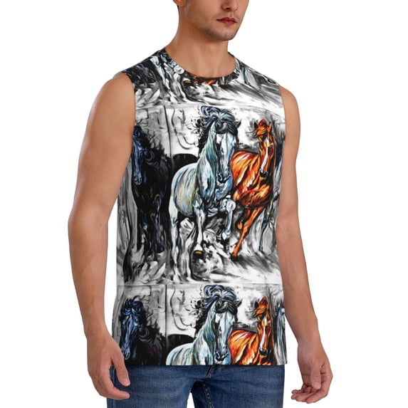 Lsque Four Running Horses Print Men's Cotton Blend Sleeveless Muscle Shirts (S-3XL)- Moisture Wicking, Odor Protection, UPF 30+,3X-Large