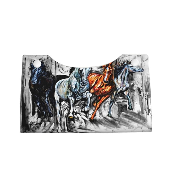 Lsque Four Running Horses Printed Long Tissue Box Cover Holder, Facial Paper Organizer Dispenser,Triangle with Bottom Belt, PVC Leather Decorative Organizer