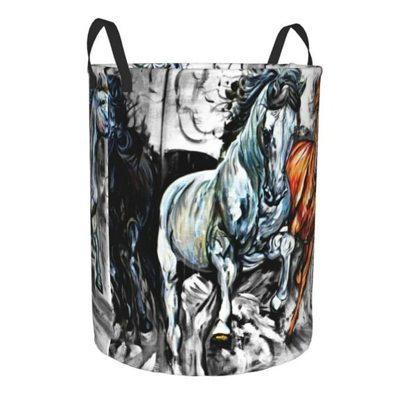 Lsque Four Running Horses pattern Laundry Hamper Basket, Tall Woven Rope Hamper Basket for Clothes, Lightweight Storage Basket, Collapsible Waterproof-Small