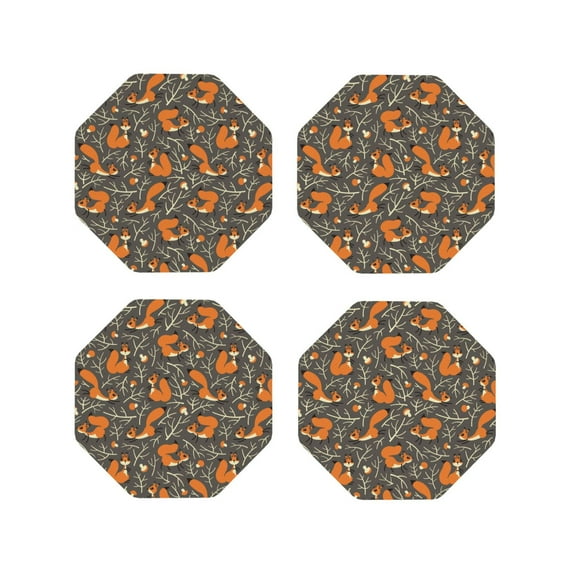 Lsque Fox And Mushroom Pattern 4" Drink Coasters Set of 4, PVC Leather Absorbent Coasters, Table Coaster Set Decorative Coffee Cup Coasters Housewarming Gift -Octagon
