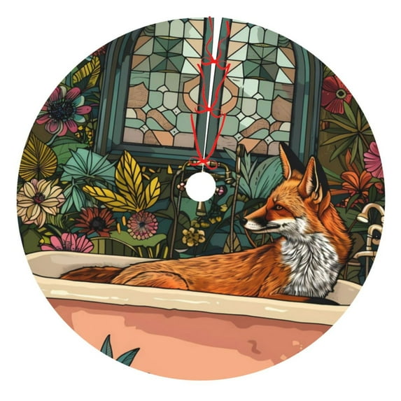 Lsque Fox Bathtub Floral Art Print Christmas Tree Skirt, Tree Skirt with Ties or Velcro, Perfect for Holiday Decorations, Halloween, and New Year-30"