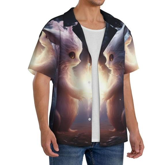 Lsque Fox Couple print Men's Cuban Collar Short Sleeve Shirt Summer Beachwear Casual Button Down Fashionable Vacation Leisure Shirt-3X-Large
