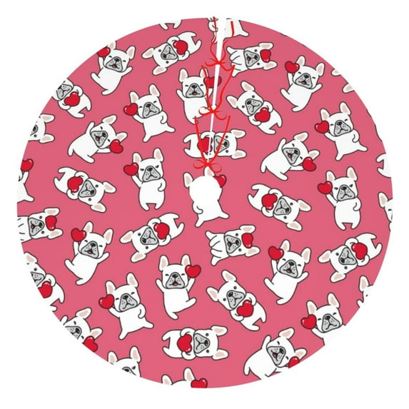 Lsque French Bulldog And Heart Print Christmas Tree Skirt, Tree Skirt with Ties or Velcro, Perfect for Holiday Decorations, Halloween, and New Year-48"