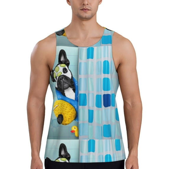 Lsque French Bulldog Dog in a Bathtub Pattern Mens Tank Tops Muscle Athletic Quick Dry Sleeveless Workout Fitness T Shirts Beach Tank Top, Loose-fit Sleeveless Shirt for Men-Medium