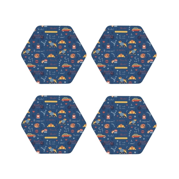 Lsque French Bulldog Dog In Beret Pattern 4" Drink Coasters Set of 4, PVC Leather Absorbent Coasters, Table Coaster Set Decorative Coffee Cup Coasters Housewarming Gift -Hexagon