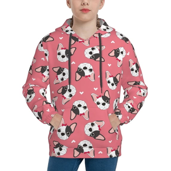 Lsque French Bulldog Face Patten Youth Hoodie Sweatshirt Pullover with Kangaroo Pocket Boys and Girls Hoodie Warm Hoodie for Kids-Medium