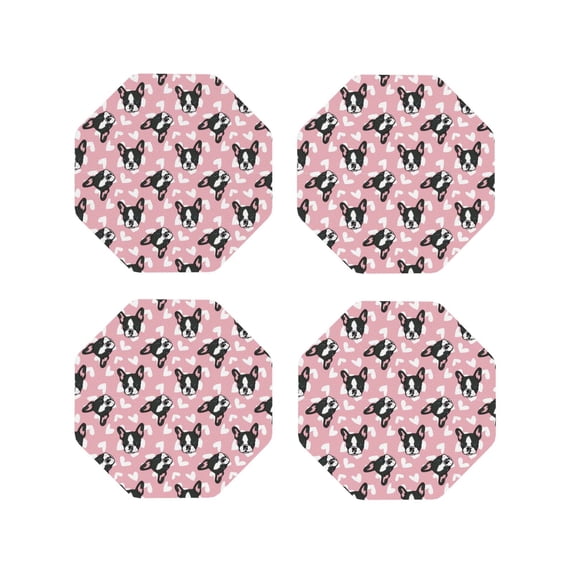 Lsque French Bulldog Pattern 4" Drink Coasters Set of 4, PVC Leather Absorbent Coasters, Table Coaster Set Decorative Coffee Cup Coasters Housewarming Gift -Octagon