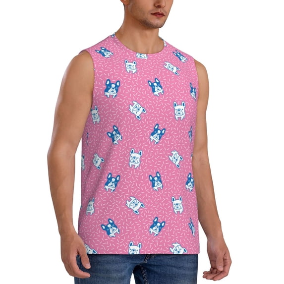 Lsque French Bulldog Print Men's Cotton Blend Sleeveless Muscle Shirts (S-3XL)- Moisture Wicking, Odor Protection, UPF 30+,Large