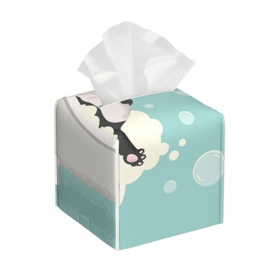 Lsque French Bulldog Taking a Bath Printed Tissue Box Cover Holder, Facial Paper Organizer Dispenser,Square with Bottom Belt, PVC Leather Decorative Organizer