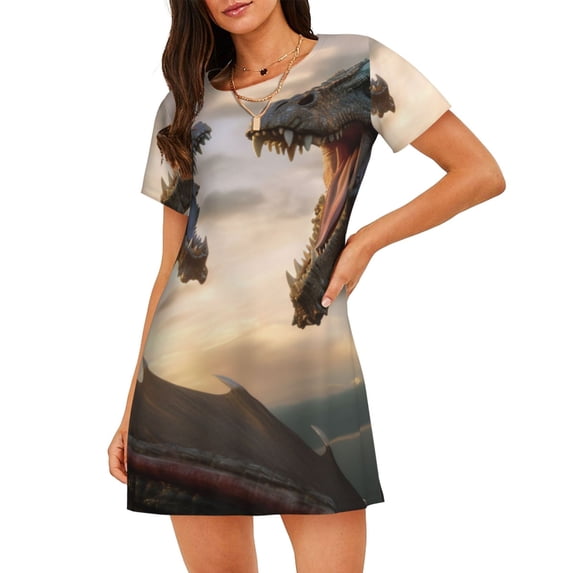 Lsque Friendship Dragon Pattern Nightgowns for Women Sleep Shirts Short Sleeve Nightshirt Pullover Nightdress Soft Sleepwear Relaxed Fit Nightdress
