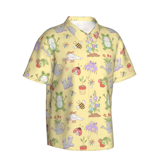 Lsque Frog Bee pattern Hawaiian Shirt for Men, Unisex Summer Beach Casual Short Sleeve Button Down Shirts-Large