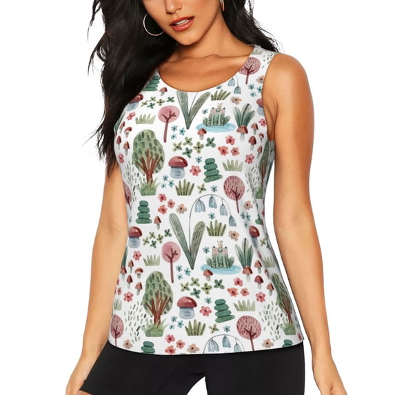 Lsque Frog and Forest Plants Printed Workout Tank Tops for Women, Athletic Sports Tank Tops, Compression Sleeveless Dry Fit Shirts,Sleeveless Yoga Shirt-XX-Large