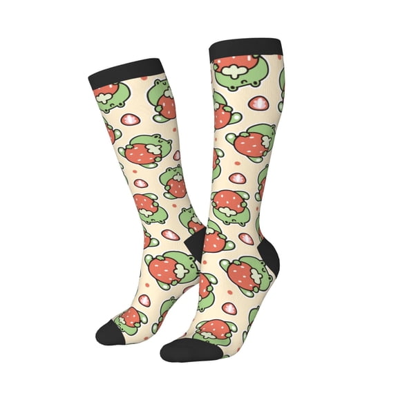 Lsque Frog Hold Strawberry Printed Crew Socks Men's Women's LightWeight Thin Casual Calf Socks ,Knee High Socks,Cotton Socks
