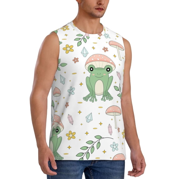 Lsque Frog and Mushrooms Print Men's Cotton Blend Sleeveless Muscle Shirts (S-3XL)- Moisture Wicking, Odor Protection, UPF 30+,XX-Large