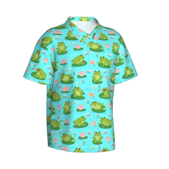 Lsque Frogs And Aquatic Plants pattern Hawaiian Shirt for Men, Unisex Summer Beach Casual Short Sleeve Button Down Shirts-Small