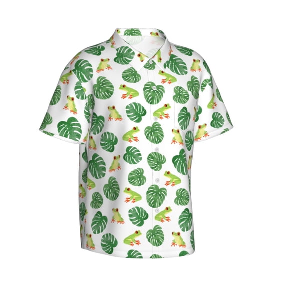 Lsque Frogs And Tropical Leaves pattern Hawaiian Shirt for Men, Unisex Summer Beach Casual Short Sleeve Button Down Shirts-X-Large