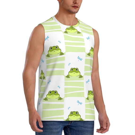Lsque Frogs and Dragonflies Print Men's Cotton Blend Sleeveless Muscle Shirts (S-3XL)- Moisture Wicking, Odor Protection, UPF 30+,XX-Large