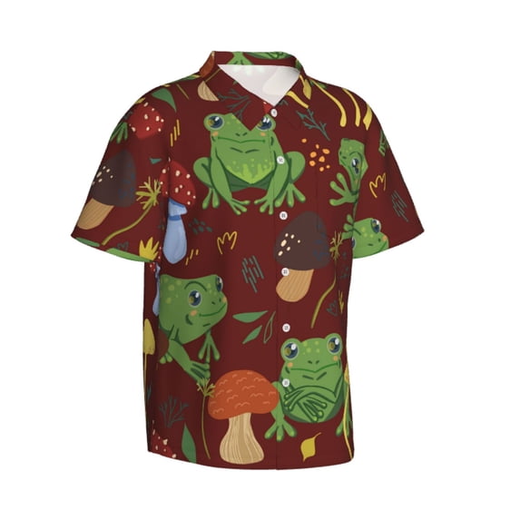 Lsque Frogs and Mushrooms pattern Hawaiian Shirt for Men, Unisex Summer Beach Casual Short Sleeve Button Down Shirts-Small
